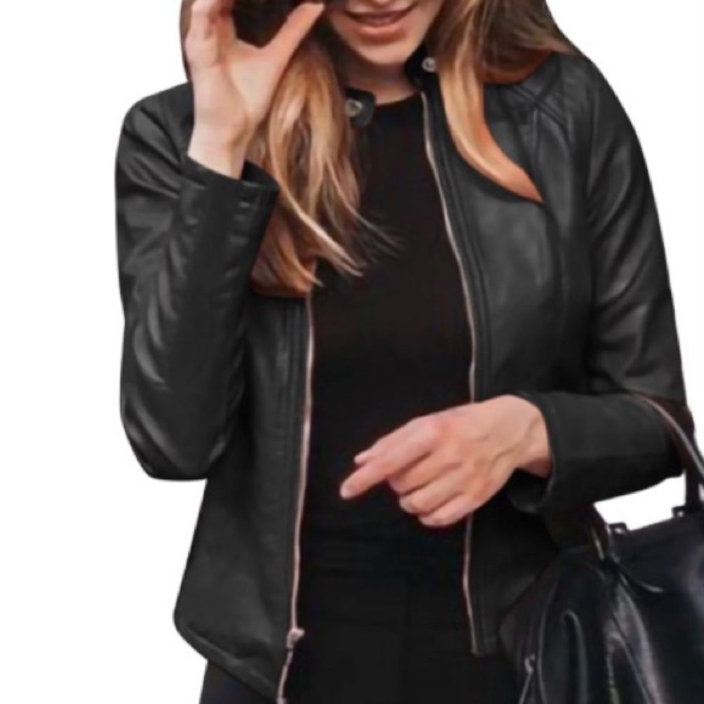 Women’s black faux leather slim moto jacket